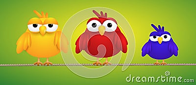 Tree small birds standing on a rope looking funny Vector Illustration