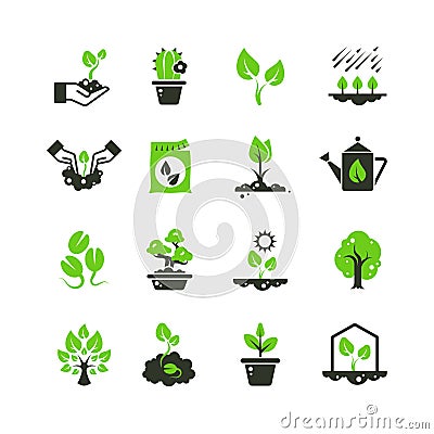 Tree sprout and plants vector icons. Seedling and hand planting pictograms Vector Illustration