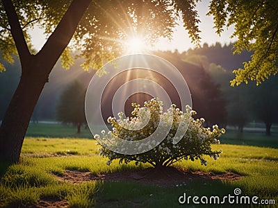 Beautiful nature scene with blooming tree and sun flare Stock Photo