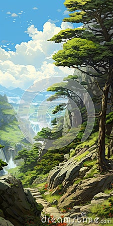 Anime-inspired Mountain Landscape With Peculiar Spruce Stock Photo