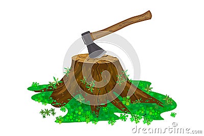 Tree stump with axe isolated on white background. Vector Illustration
