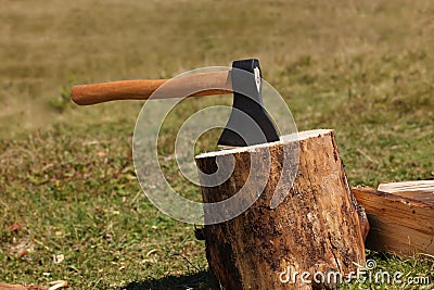 Tree stump with axe outdoors. Professional tool Stock Photo