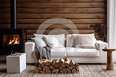 Tree stump coffee table near white sofa and pouf against wood paneling wall with fireplace and stack of firewood Stock Photo