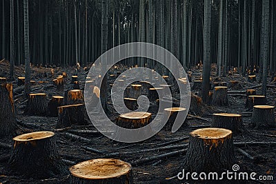 Tree stump in forest after logging, moody atmosphere. Neural network AI generated Stock Photo