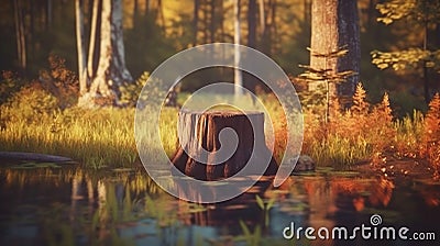 Tree stump in the forest. Wooden cabin by the lakeside in the background. Generative Ai Stock Photo