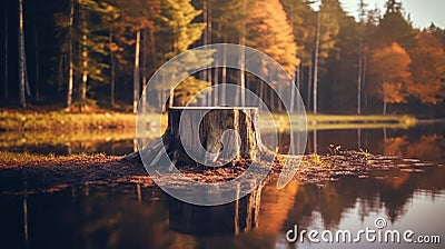 Tree stump in the forest. Wooden cabin by the lakeside in the background. Generative Ai Stock Photo