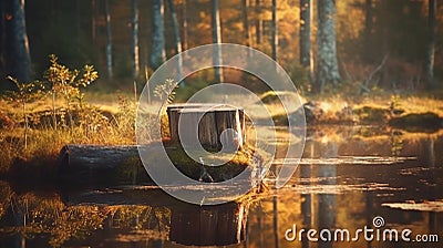 Tree stump in the forest. Wooden cabin by the lakeside in the background. Generative Ai Stock Photo