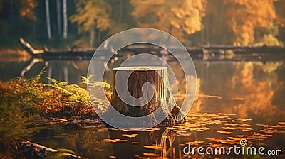 Tree stump in the forest. Wooden cabin by the lakeside in the background. Generative Ai Stock Photo