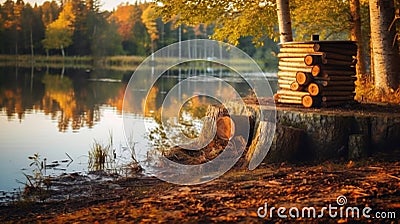 Tree stump in the forest. Wooden cabin by the lakeside in the background. Generative Ai Stock Photo