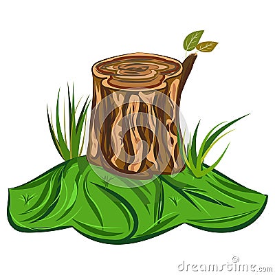 Tree Stump Illustration of a cartoon big tree stump with bench and some blades of grass Vector Illustration