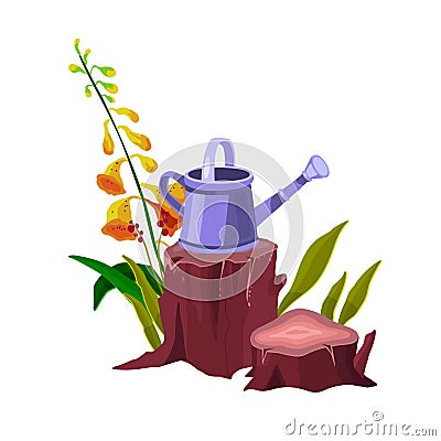 Tree stump vector isolated cartoon icon with bell plant, watering can, trunk, green leaves, roots. Vector Illustration