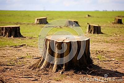 Tree stumps in green field Stock Photo