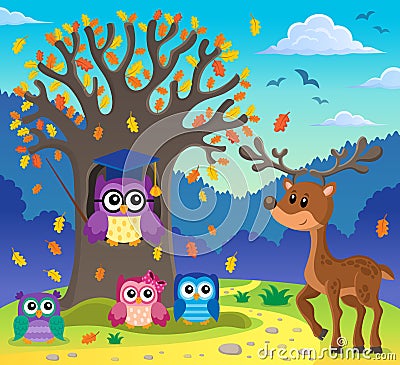 Tree with stylized school owl theme 5 Vector Illustration