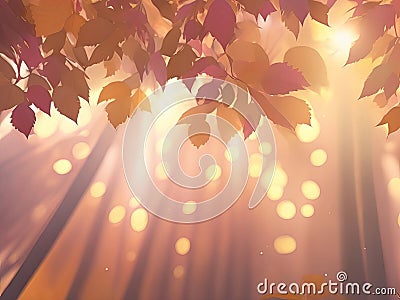Tree with sun shining through leaves, great art, autumn, pink background. Stock Photo