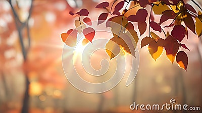 Tree with sun shining through leaves, great art, autumn, pink background. Stock Photo
