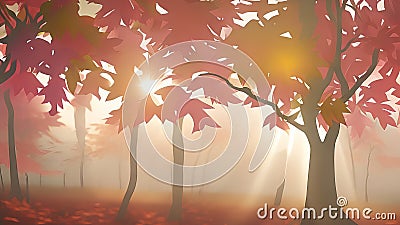 Tree with sun shining through leaves, great art, autumn, pink background. Stock Photo