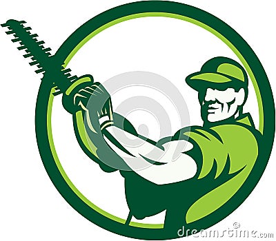 Tree Surgeon Holding Hedge Trimmer Retro Vector Illustration