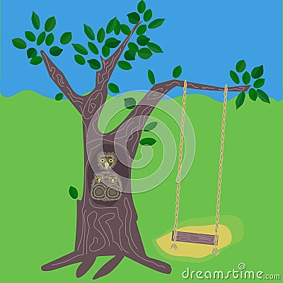 A tree with swing and owl family Vector Illustration