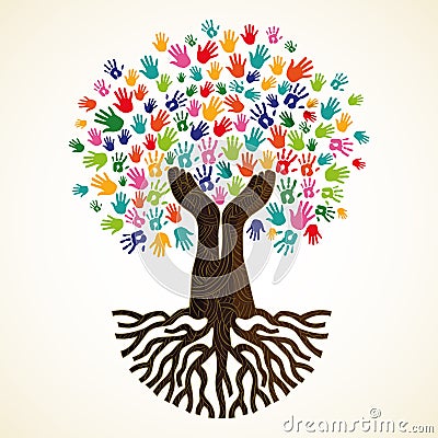 Tree with human hands for social work help Vector Illustration