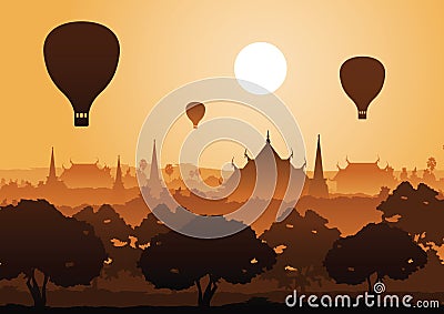 tree temple image of Buddha sculpture pagoda sea and balloon above,Myanmar,Thailand Vector Illustration