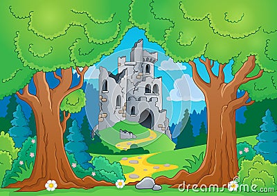 Tree theme with castle ruins Vector Illustration