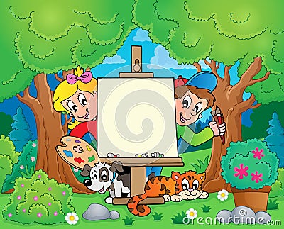 Tree theme with painting children Vector Illustration
