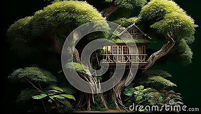 Tree-top Haven: A Serene Arborist's Refuge in the Style of David Nakayama, Made with Generative AI Stock Photo