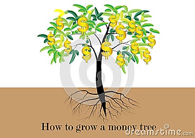 Tree, Tree with leaves and golden money symbol is the fruit of tree,with roots vector illustration Vector Illustration