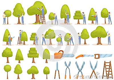 Tree trimming icons set cartoon vector. Tree chainsaw Vector Illustration