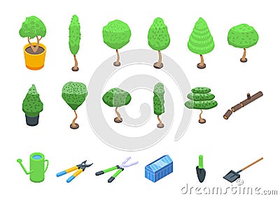 Tree trimming icons set isometric vector. Chainsaw tree Vector Illustration