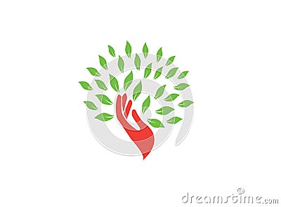 Tree trunk hand and green leaves logo design illustrator, nature icon Stock Photo