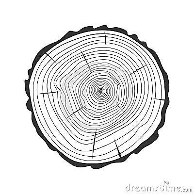 Tree trunk rings in doodle style. Dendrochronology method to determine tree age. Wooden texture hand drawn stamp Vector Illustration