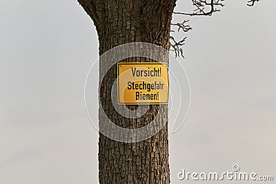 Tree trunk with sign Bees warning Stock Photo