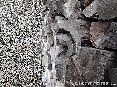 Tree trunks stacked and gravel background - shades of grey Stock Photo