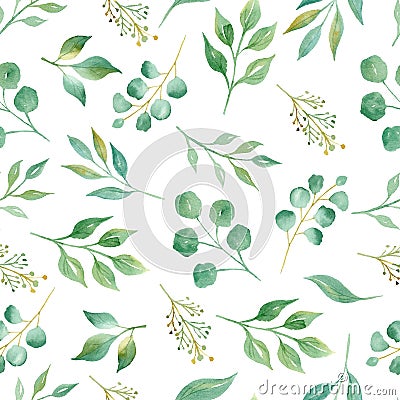 Tree twigs with leaves watercolor raster seamless pattern Cartoon Illustration