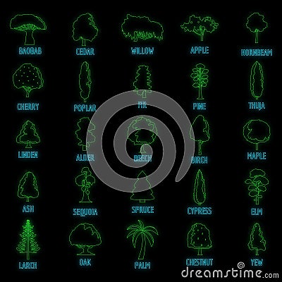Tree types icons set vector neon Vector Illustration