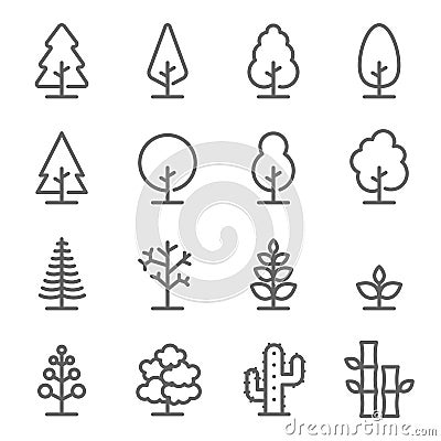 Tree Vector Line Icon Set. Contains such Icons as Wood, Plant, Pine, Cactus, Bamboo and more. Expanded Stroke Vector Illustration