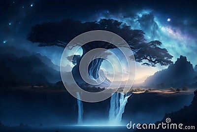 A tree with a waterfall and a light shining through it generated using AI Stock Photo