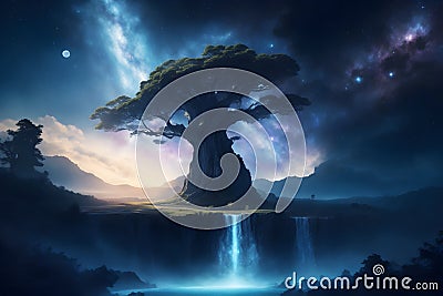 A tree with a waterfall and a light shining through it generated using AI Stock Photo