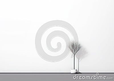 A tree in a white pot casts a shadow on the wall next to the large white wall. Stock Photo