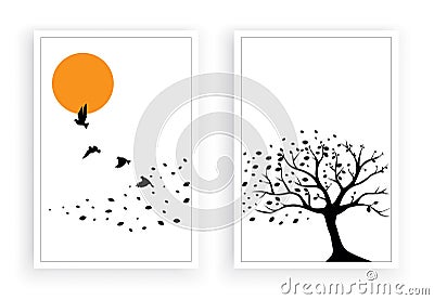 Tree wind leaves and flying birds on sunset vector, wall decals, wall decor. Art design isolated on white background. Stock Photo