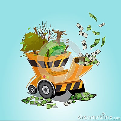 Tree and wood into processing machine or pulverizer machine with money as output. damage world for money. saving the tree concept Stock Photo