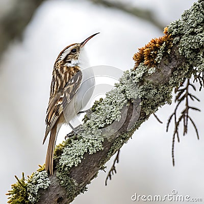 Treecreeper perched on a tree branch, capturing its unique feather design and posture against a minimalist white backdrop Stock Photo