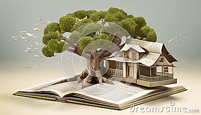 a treehouse built around a giant book. Generative ai Stock Photo