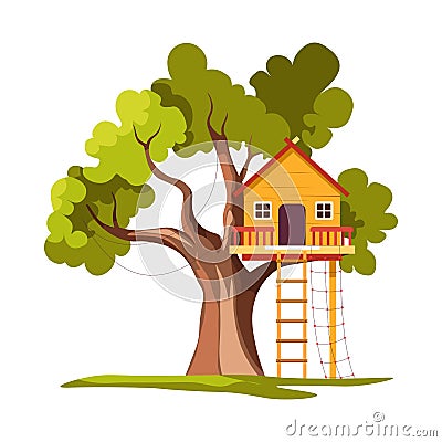 Treehouse house on tree with ladder playground isolated plant Vector Illustration