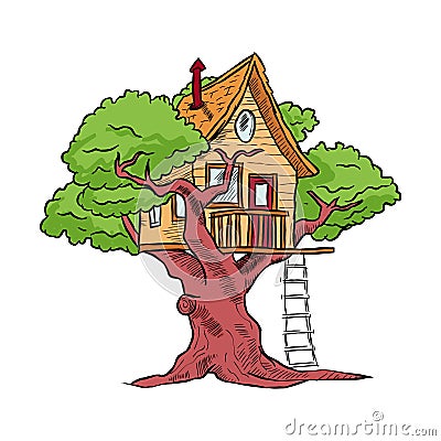 Treehouse, hut on tree with ladder for kids Vector Illustration