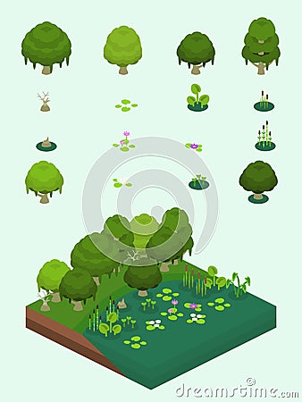 Isometric Simple Plants Set - Wetland Biome Vector Illustration