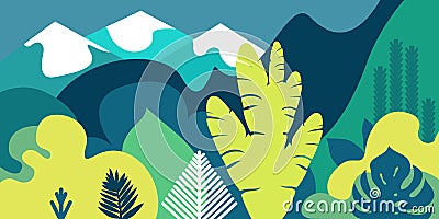 Trees are broad-leaved tropical, ferns. Mountain landscape. Flat style. Preservation of the environment, forests. Park, outdoor. Vector Illustration