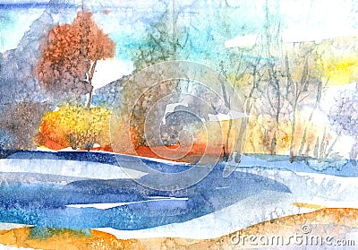 Trees and bushes in the morning mist over the summer lake. Watercolor landscape. Editorial Stock Photo