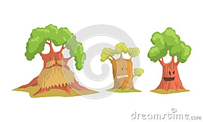 Trees Cartoon Characters Collection, Plant Trees with Funny Faces Showing Various Emotions Vector Illustration Vector Illustration